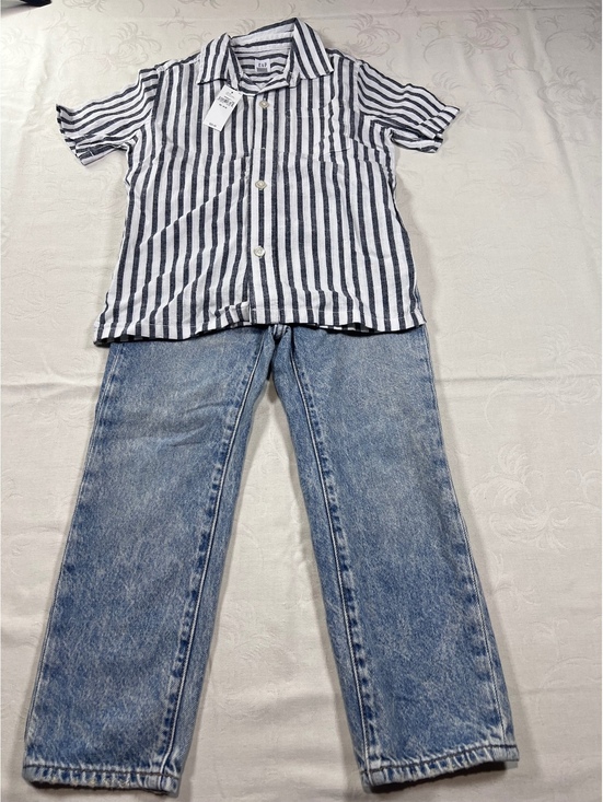 GAP Other - GAP Boys Outfit New Linen Blend White/Blue Button Up Straight Jeans Size 4/5T